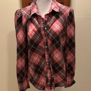 The Shirt by Rochelle Behrens Pink and Brown Plaid Button Down - size Large